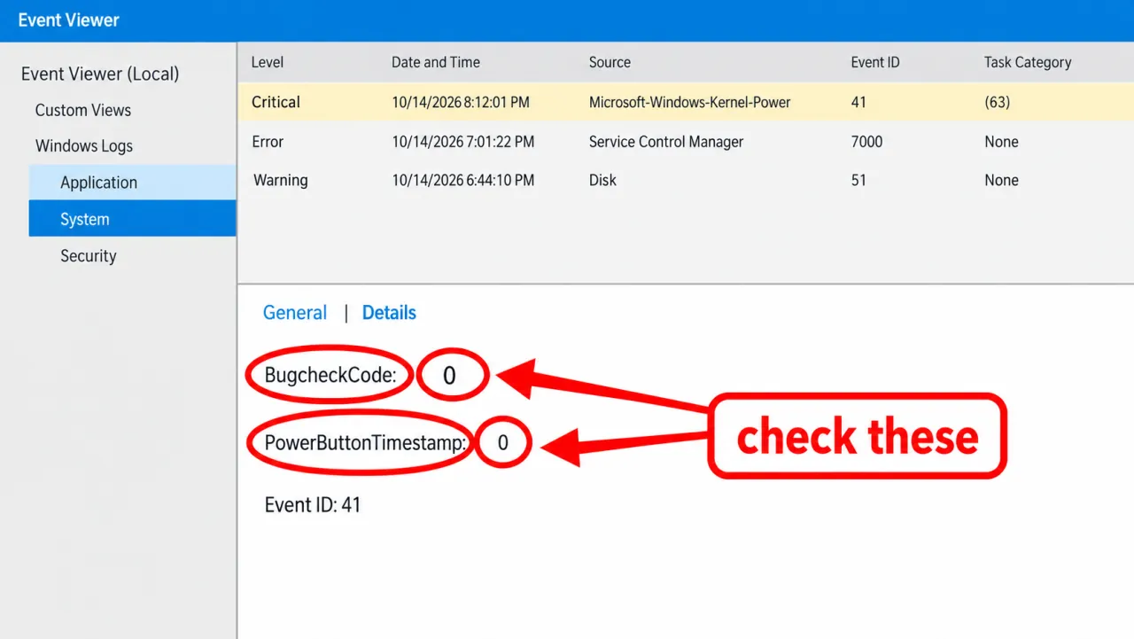 Event ID 41 Details with BugcheckCode and PowerButtonTimestamp circled in red
