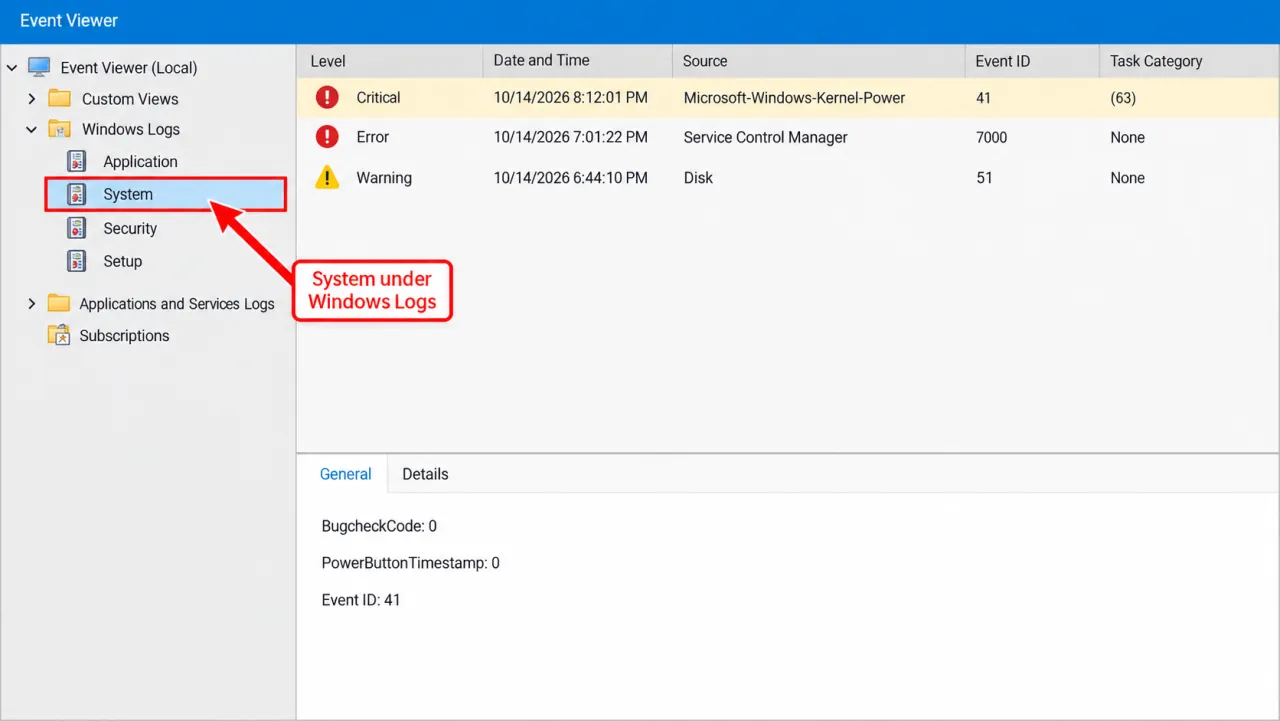 Event Viewer with Windows Logs and System selected