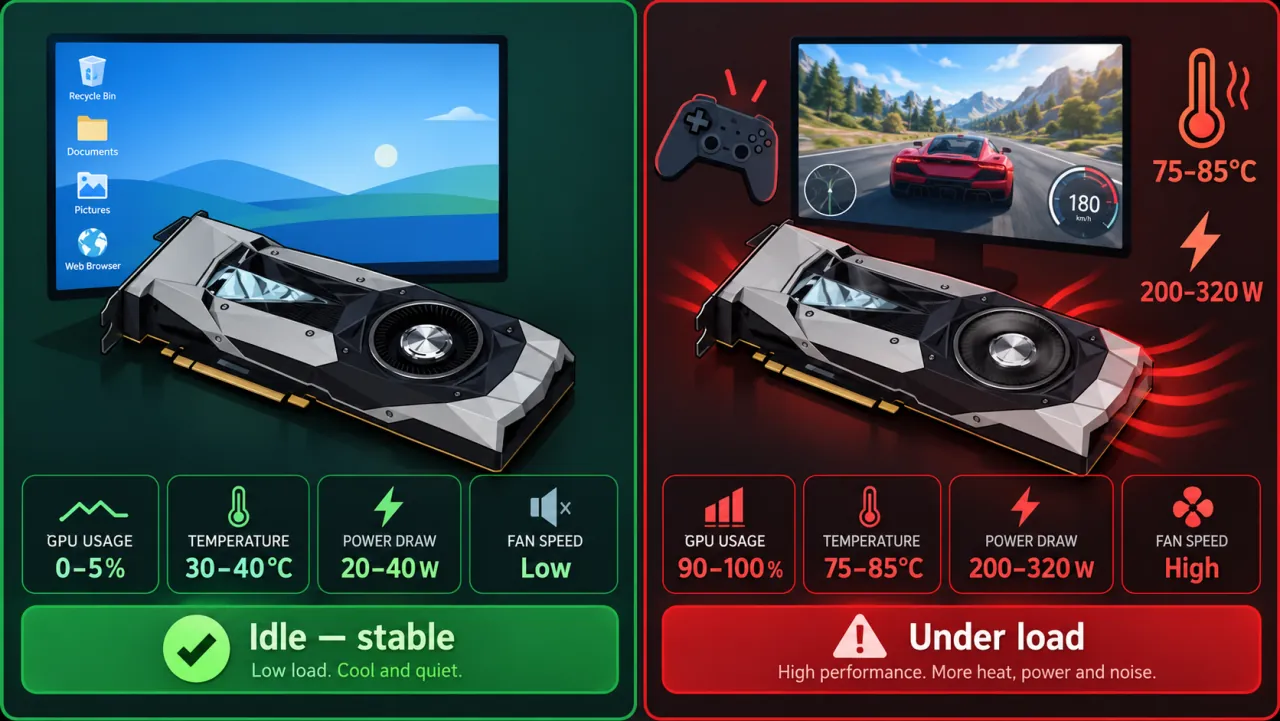 Idle desktop stable versus gaming scene with power and thermometer icons