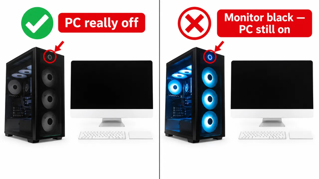 Diagram comparing PC power LED off versus monitor black while PC LED stays on