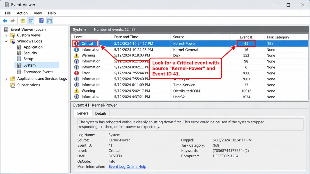 Event Viewer System log with Kernel-Power Event ID 41 and Details fields circled