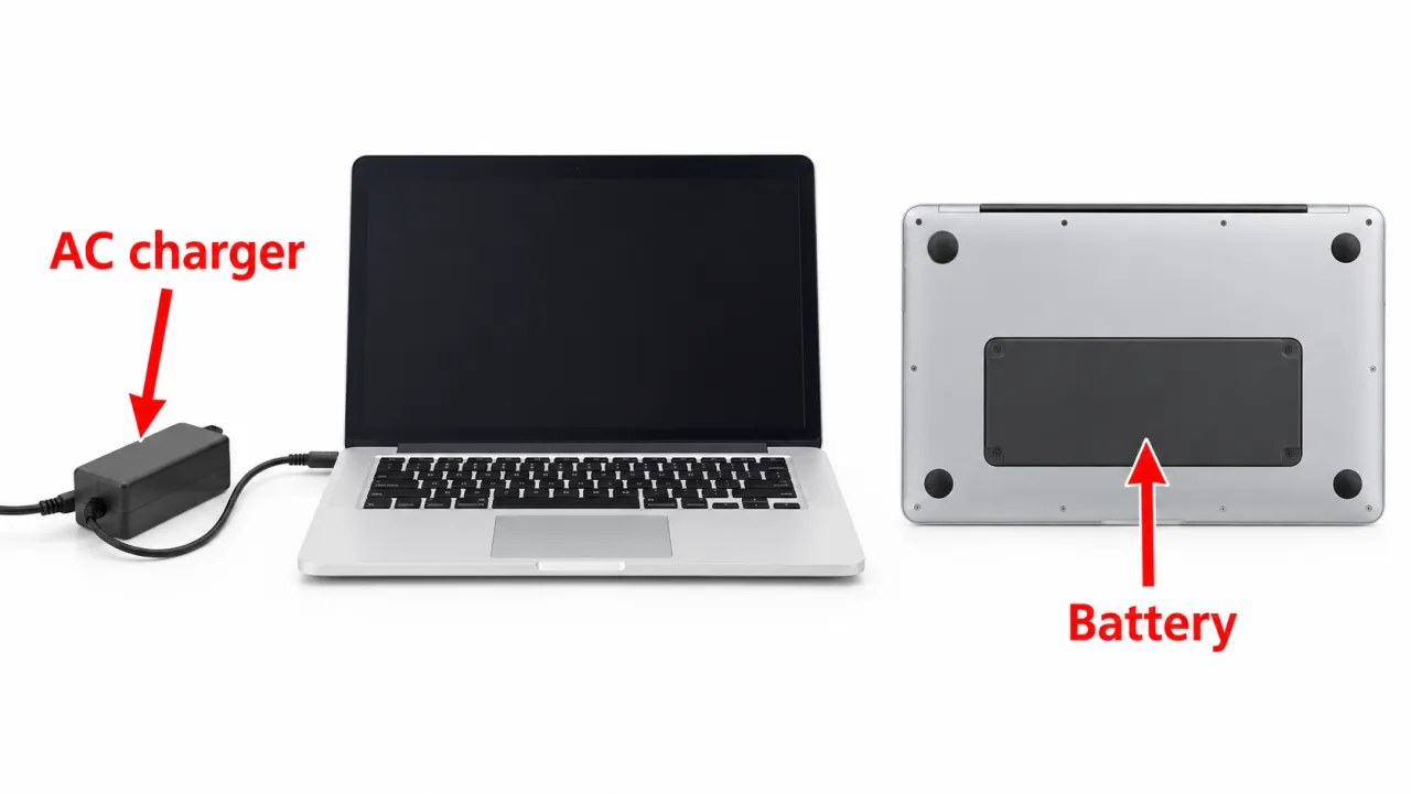 Laptop with arrows labeling AC charger and battery pack