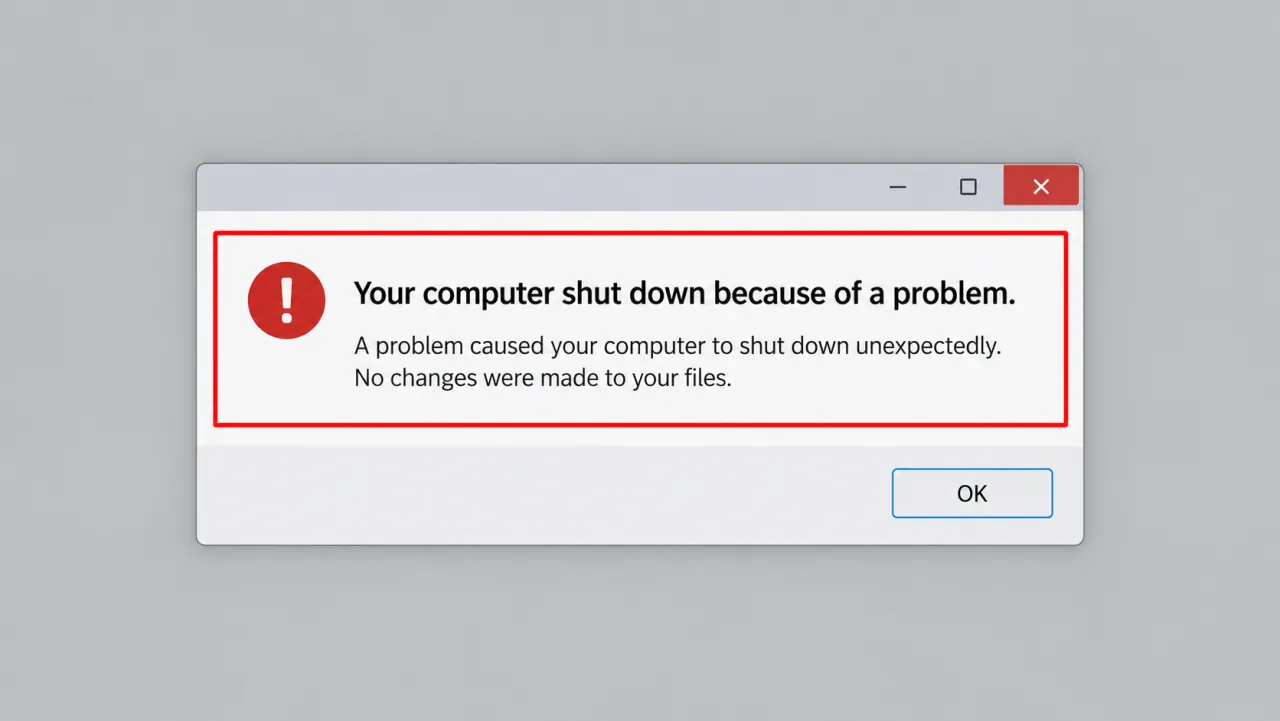 Simplified Mac login-area dialog reading Your computer shut down because of a problem with a red box around the message text