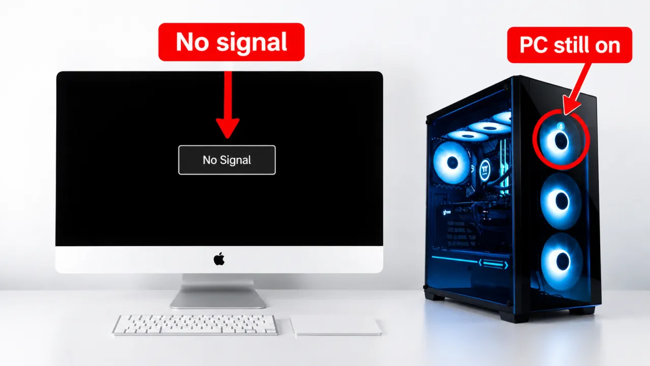Monitor black with no-signal while PC case power LED remains lit