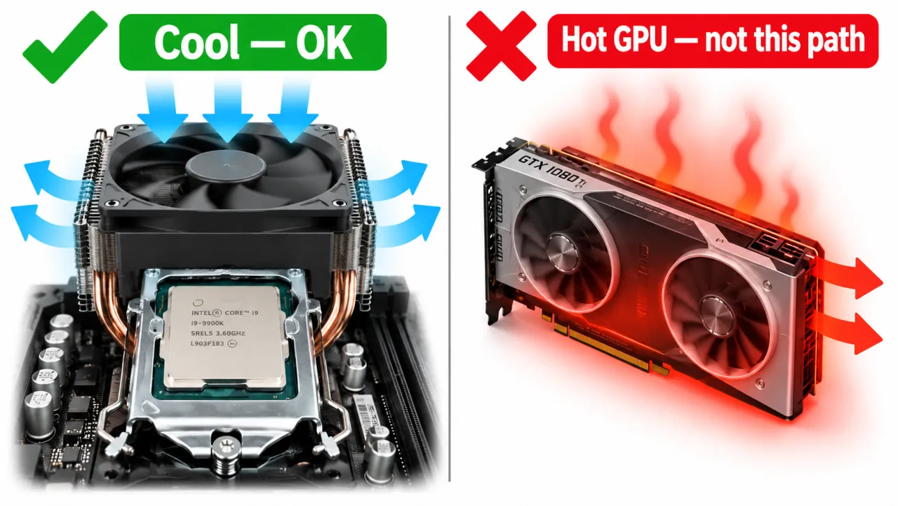 Cool CPU cooler with check mark versus hot GPU marked X