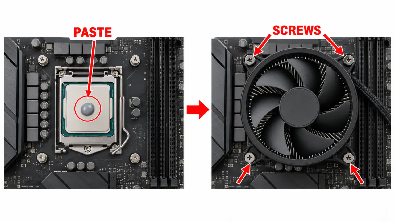 CPU cooler being seated on a processor with a red arrow at the mounting screws and a small pea of thermal paste highlighted
