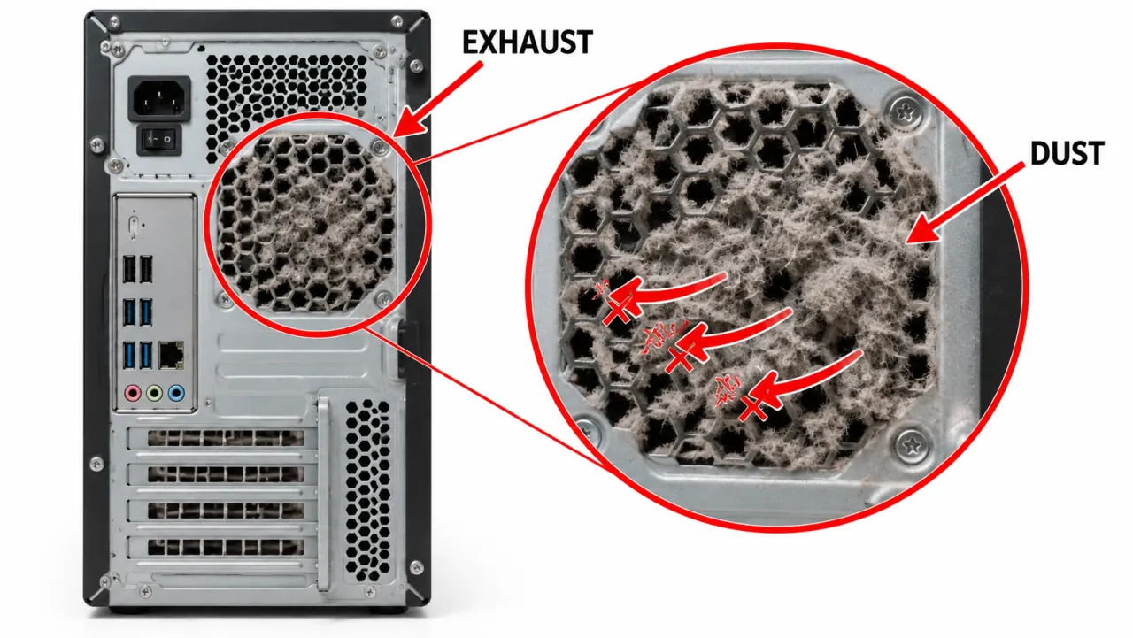 Desktop PC rear exhaust vents with red arrows showing airflow out and a red circle on a dust-clogged grill