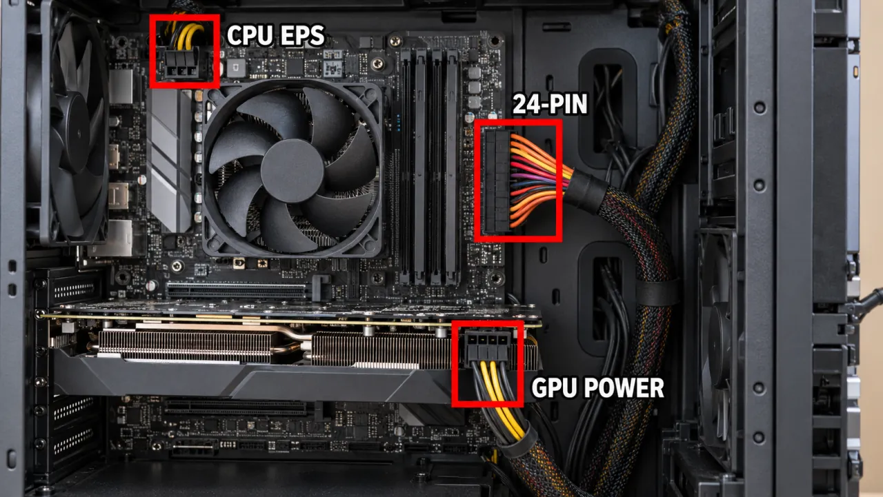 Desktop PSU cables and connectors with red highlights on 24-pin and GPU power plugs