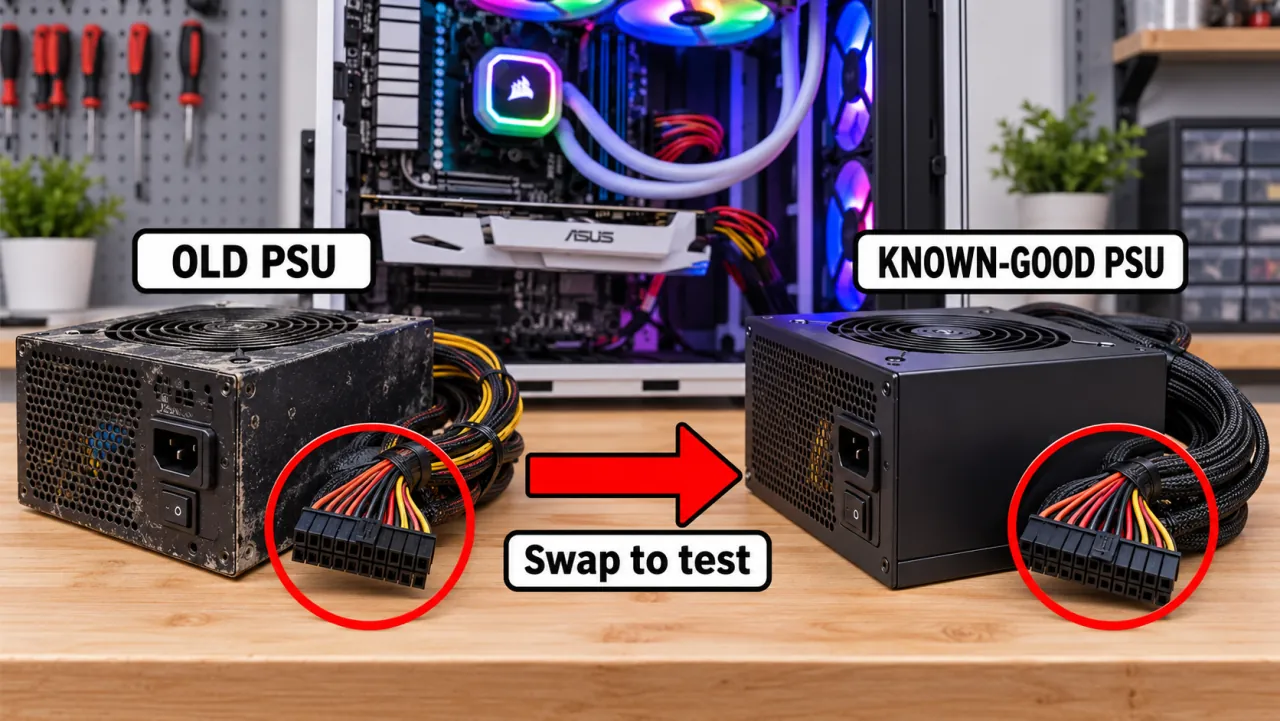 Side-by-side desktop PSU swap with a red arrow from the old supply to a known-good replacement