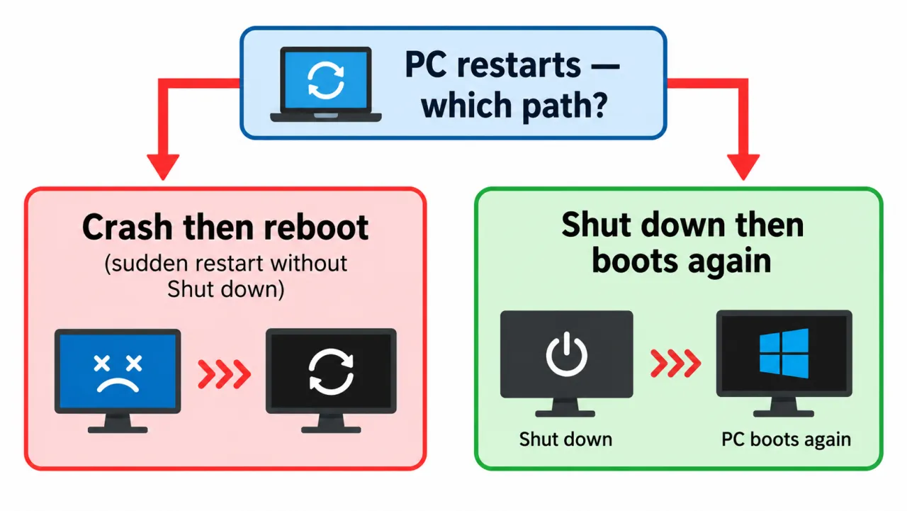 Flowchart splitting crash-reboot versus Shut down then boots again