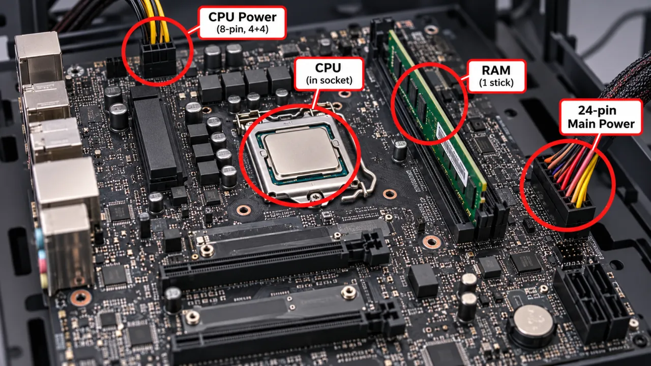 Motherboard with only CPU, one RAM stick, and required power cables connected