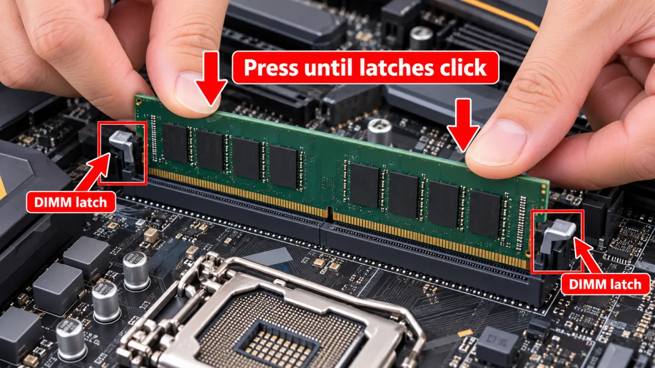 Hands reseating a DDR memory stick with a red rectangle around the DIMM latch clips