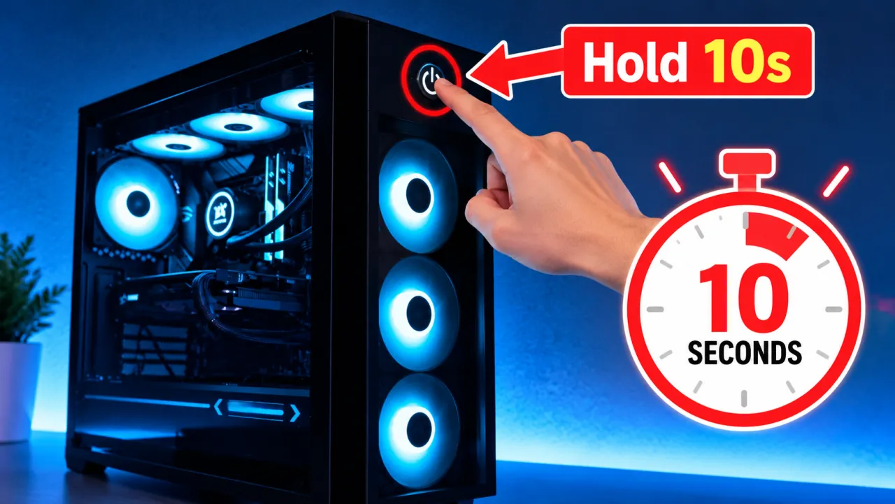 PC front power button held with a 10-second timer icon
